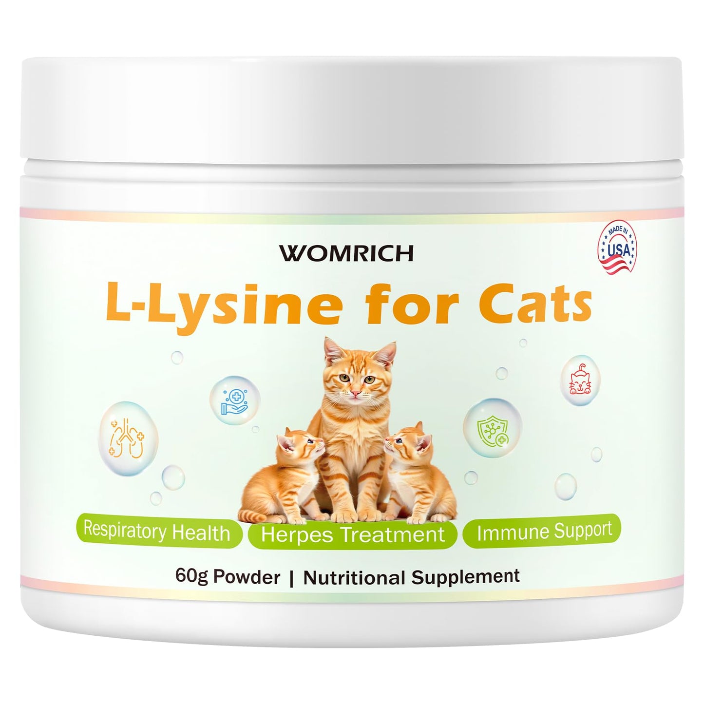 L-Lysine Powder Supplement for Cats Herpes Treatment for Cats - Immune Support & Respiratory Health - Supports Eye & Skin Health - Sneezing, Runny Nose, Squinting, Watery Eyes - 60g
