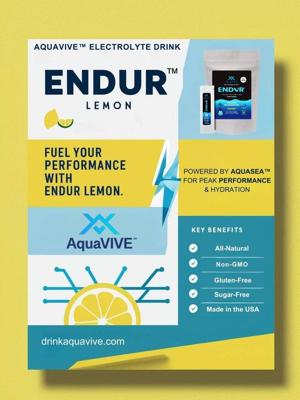 AquaVIVE ENDUR Electrolytes Powder - Lemon Flavored Rehydration Mix Packets with Magnesium Glycinate, Sugar Free, Stevia Sweetened, Low Sodium, Sea Minerals, Real Lemon Juice - 6 Packets