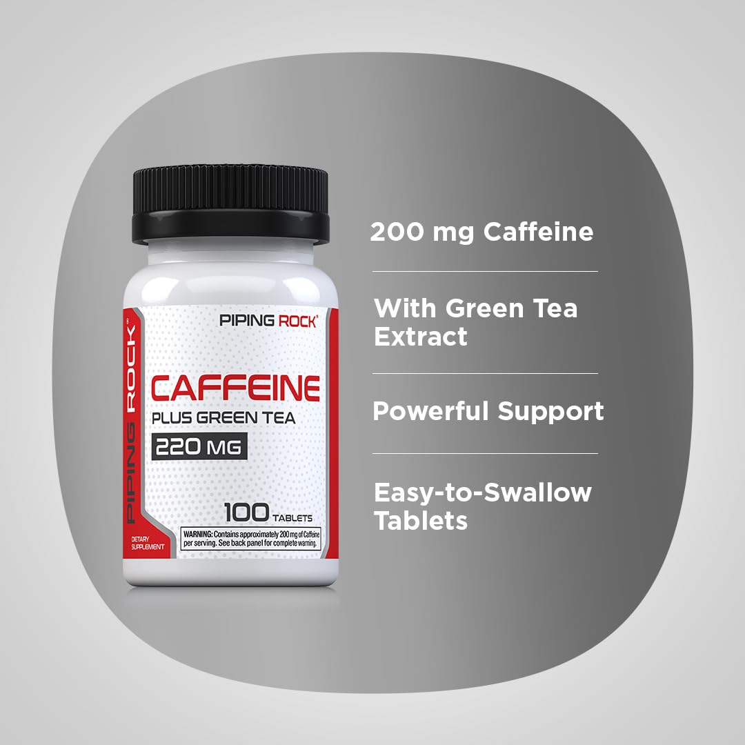 Piping Rock Caffeine Pills 200mg | 100 Tablets | with Green Tea Extract | Non-GMO, Gluten Free Supplement
