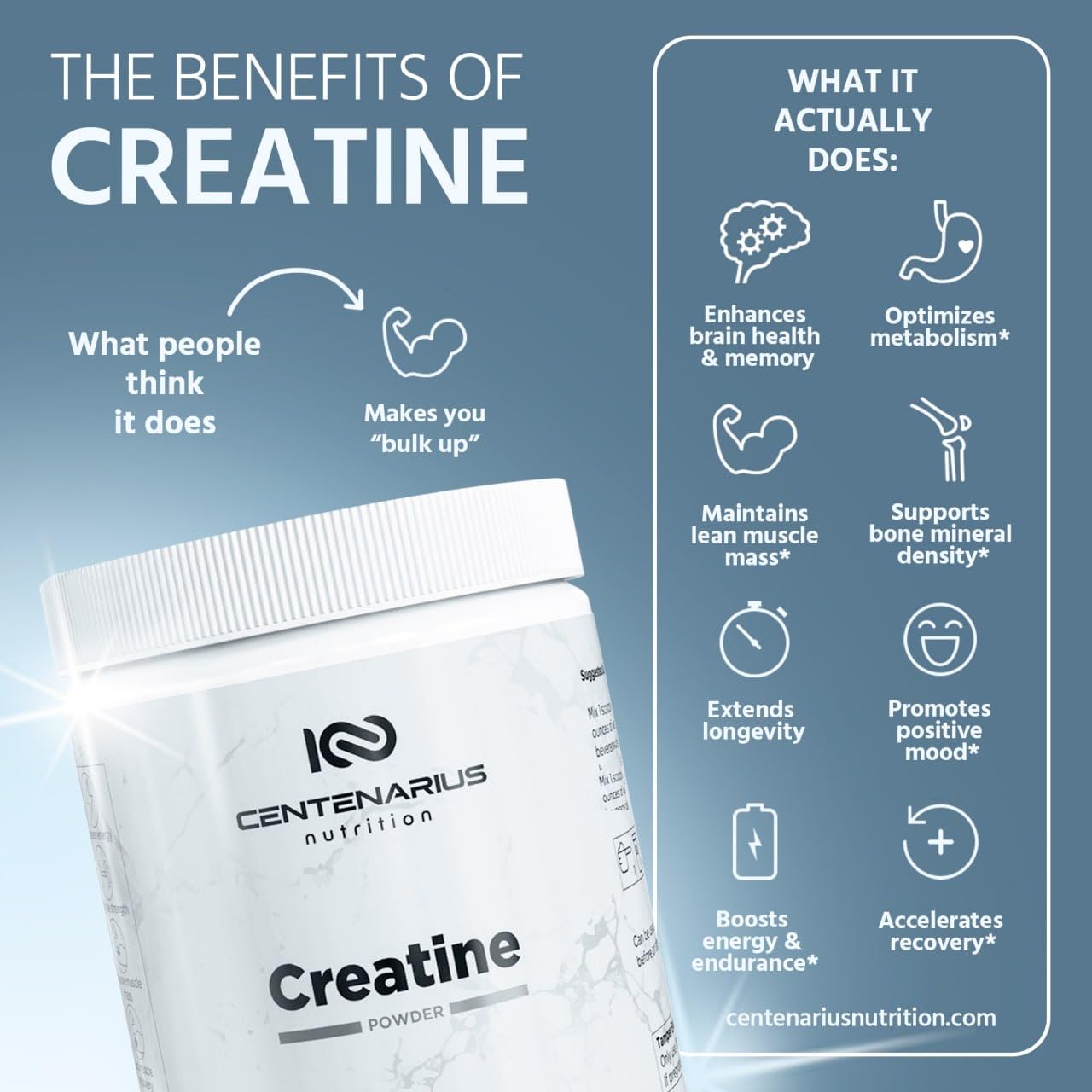 Centenarius Nutrition Creapure® Creatine Monohydrate Powder Supplement - Creatine for Women and Men - Unflavored Micronized Creatine Powder for Strength & Endurance