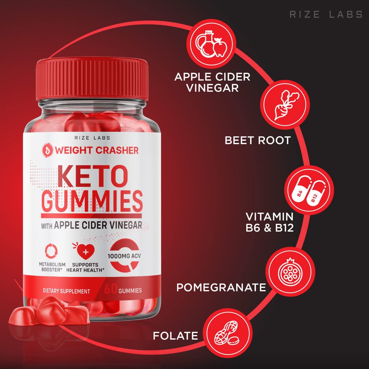rize labs (2 Pack) Weight Crasher Keto Gummies - Weight Crasher Keto ACV Gummies Supports Heart Health Weight Loss Booster Apple Cider Vinegar Keto+ACV 1000 MG Supplement Energy Gomitas (120 Gummies)