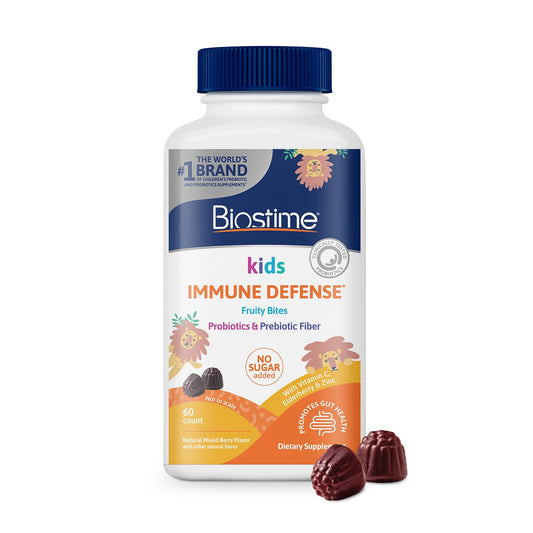 Biostime Kids immune support gummies|(Ages 4+) | Includes Vitamins D&C + Zinc & Probiotics | No Added Sugar |Kids Immune Defense Fruity Bites | Free from top 9 allergens | 60 Count