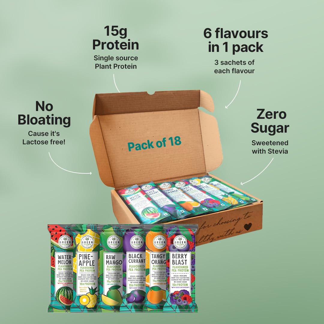 GreenProtein | Pea Protein Isolate Powder Dairy, Gluten Allergen, Soy Free Pineapple, Black Currant, Berry Blast, Watermelon, Raw Mango and Orange Flavor | 6 Flavors x 3 Sachets | Pack of 18