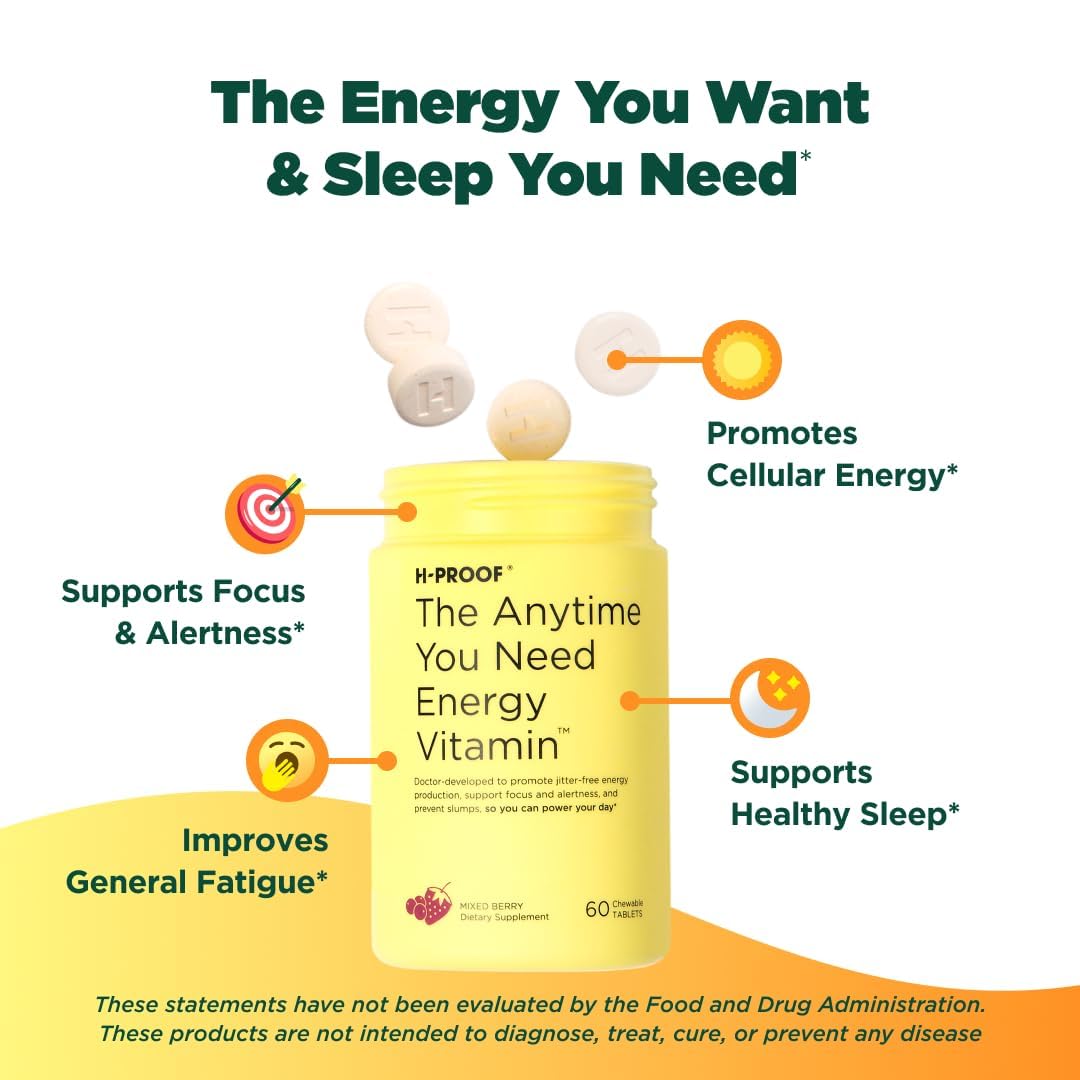 H-PROOF The Anytime You Need Energy Vitamin for Sustained Energy, Focus & Alertness with Jitter-Free Caffeine, 60 Chewable Energy Supplements (30 Servings), Mixed Berry