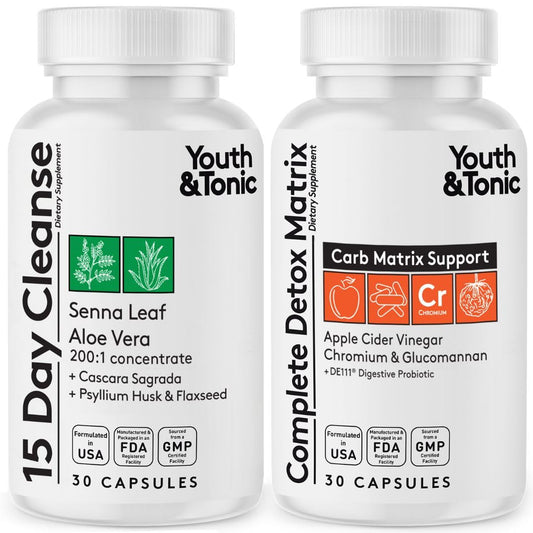 Youth & Tonic 15 Day Cleanse & Carb Matrix Support for Bloating, Gut & Metabolism Health, Break The Plateau, Feel Lighter & Energized, Colon Cleanser & Detox with ACV, Glucomannan, Chromium, 60 Pills
