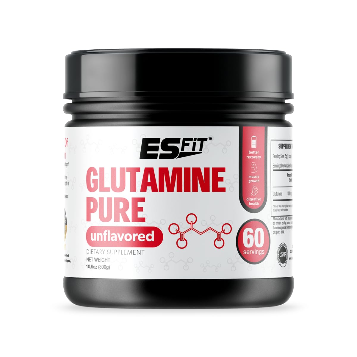 ES FIT Glutamine Powder | 5000mg - 60 Servings | Post Workout Recovery Drink | No Artificial Colors or Flavors