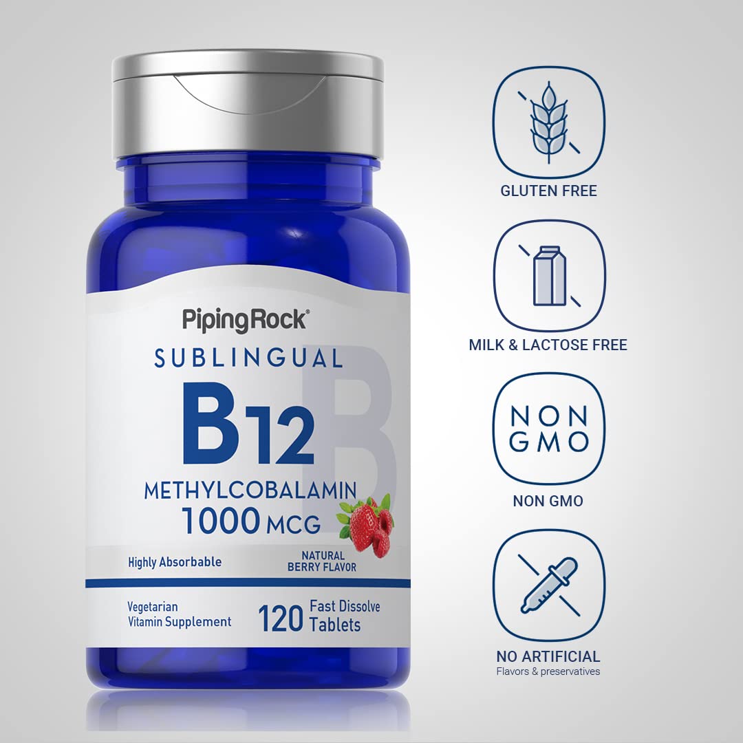 Piping Rock Vitamin B-12 Sublingual 1000 mcg | 120 Tablets | Methylcobalamin | Berry Flavor | Non-GMO, Gluten Free Supplement