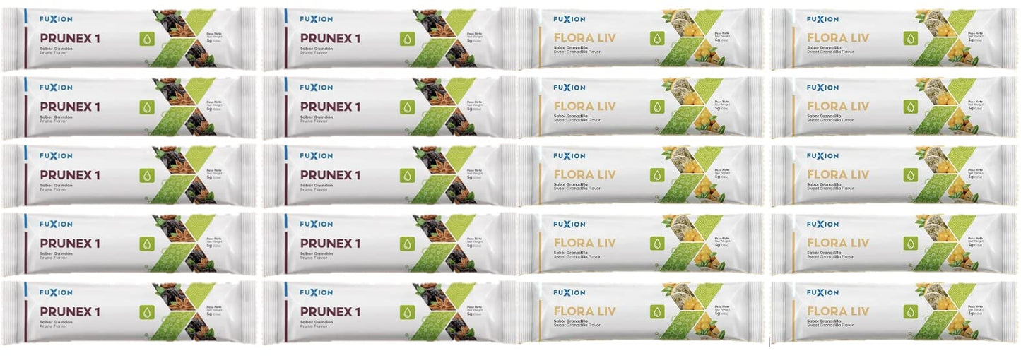 Fuxion PRUNEX1 and Flora LIV. PM/AM Colon Defense and Cleanse. 10 SACHETS of PRUNEX and 10 SACHETS of Flora LIV.