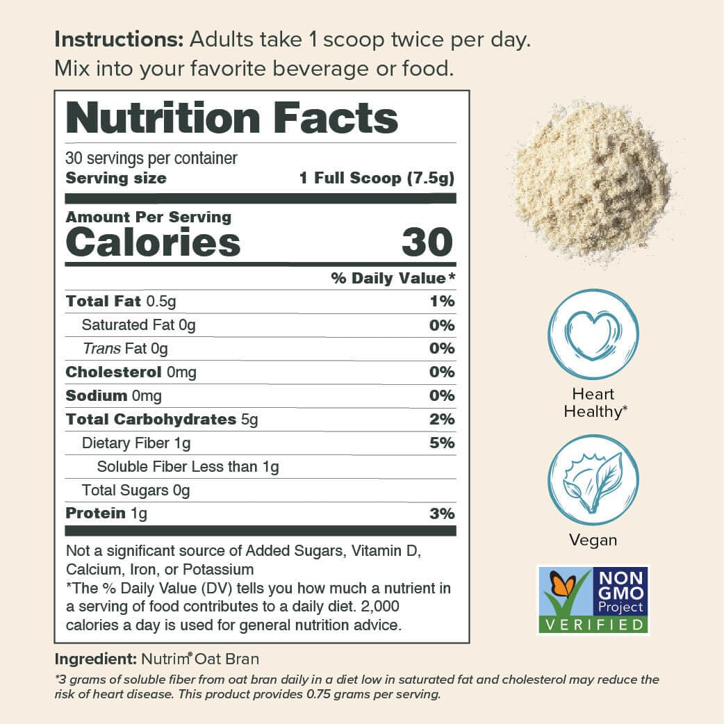 Nutrim Oat Bran Powder with 750mg Beta Glucan per Serving - Easy-Mix Soluble Fiber for Cholesterol Management & Immune Support - Heart Healthy, Non-GMO & Vegan Oatmeal Powder