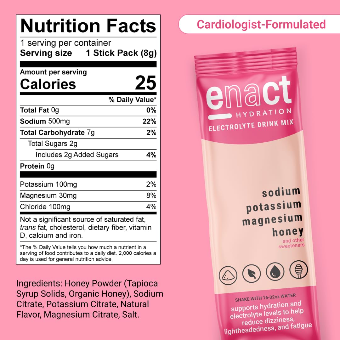 Enact Hydration - Cardiologist-Formulated Hydration Packets To Help Reduce Dizziness, Fatigue, and Lightheadedness - Subtle Honey Flavor With Hint of Salt. (12 Count)