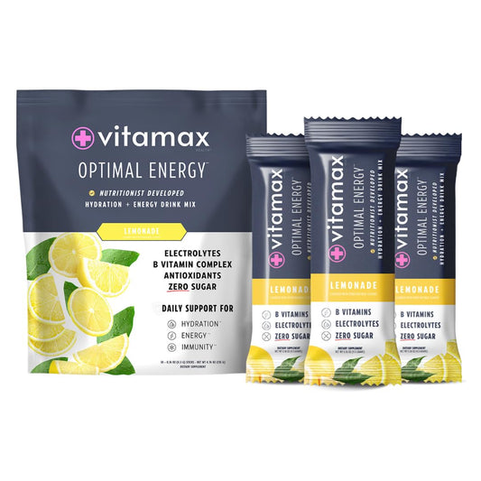 Vitamax Health Optimal Energy - Lemonade - Sugar Free Hydration Recovery Powder Stick Packs | B Vitamin Complex Electrolyte Drink Mix | Easy Open Single-Serving | Non-GMO | 30 Servings