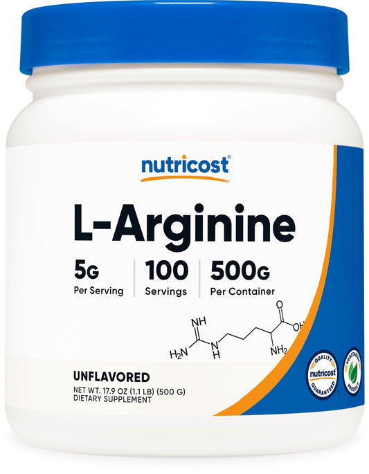 Nutricost L-Arginine Powder 500 Grams (1.1lbs) - Pure L-Arginine Powder - 5000mg Per Serving; 100 Servings