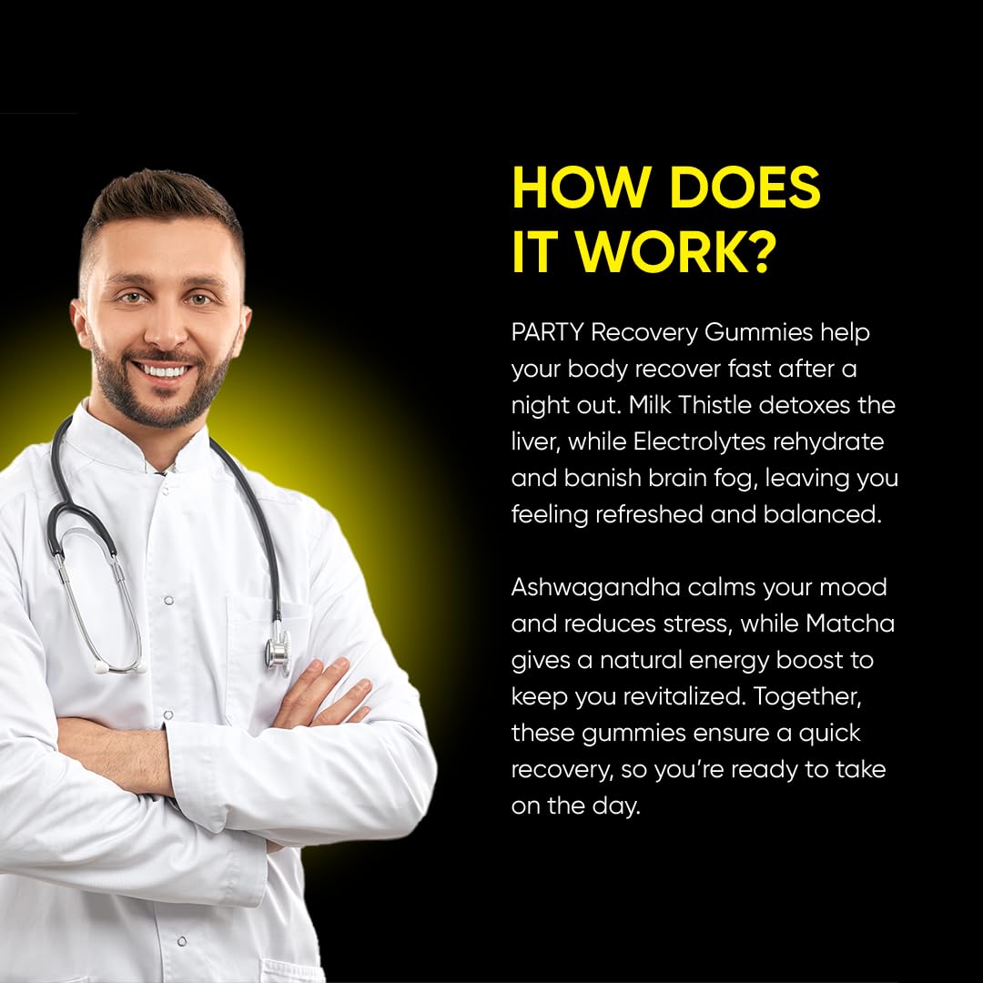 Party Recovery Gummies - Detox, Hydration & Energy Boost with Electrolytes & Matcha - Reduce Brain Fog & Support Mood - 60 Gummies per Pack