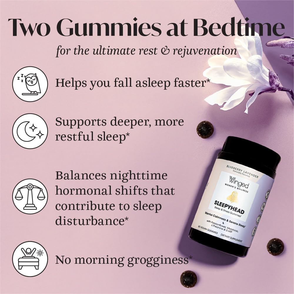 Winged Sleepyhead Gummies | Non-Habit Forming Natural Sleep Supplement | 8 Powerful Nutrients with Melatonin, L-Theanine, 5-HTP, Passionflower & Lemon Balm | Blueberry Lavender Flavor (7 Servings)