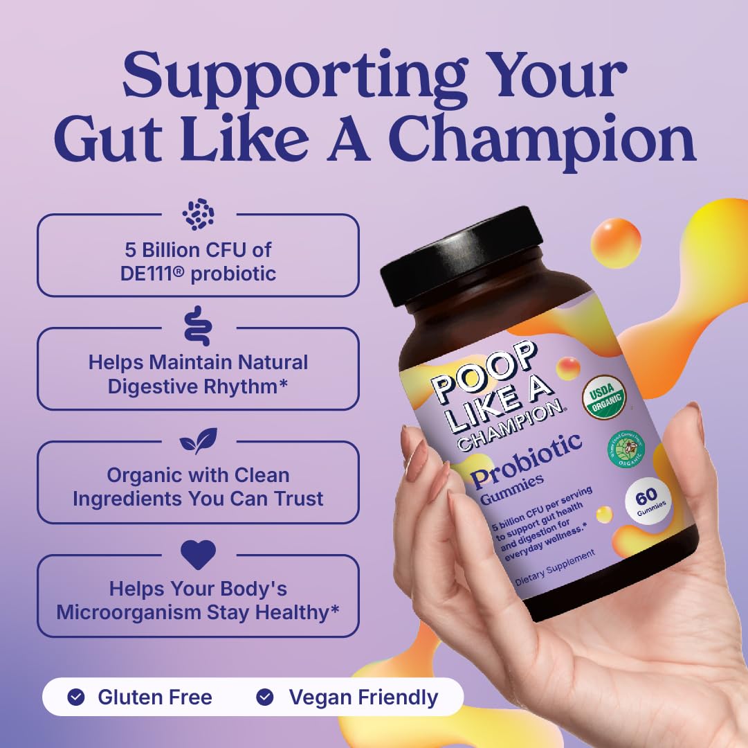 Poop Like a Champion Probiotic Gummies for Adults - USDA Organic, Vegan, Non-GMO, Digestive Health Support, 60 Gummies