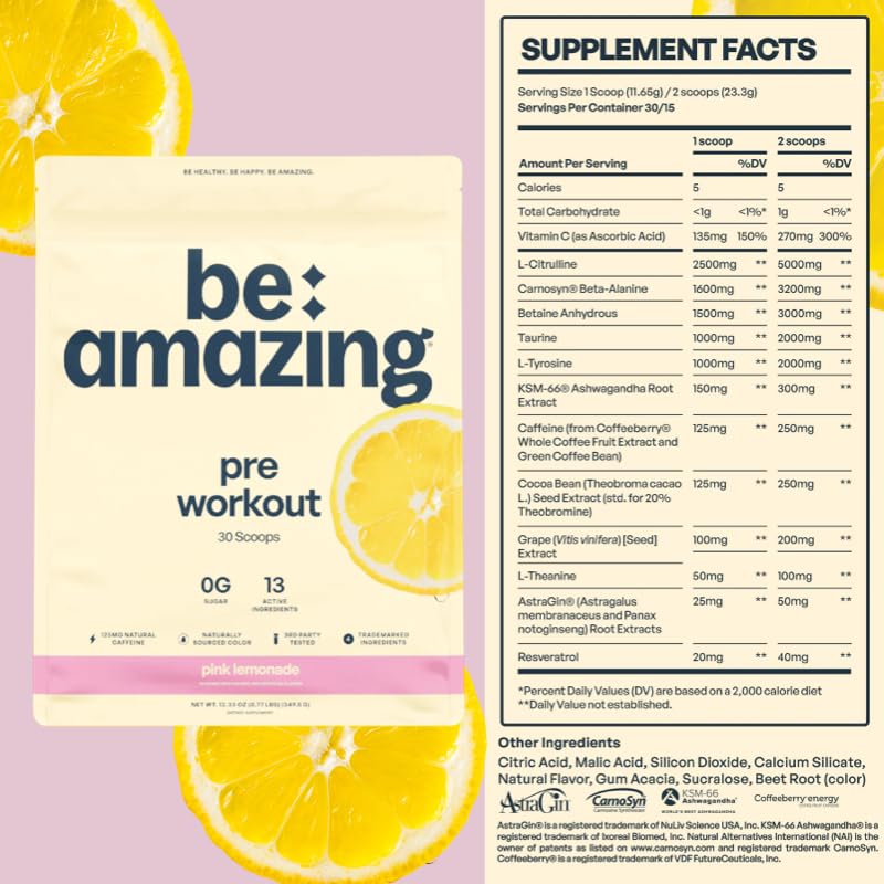 Be Amazing Vegan Pre-Workout Powder | Energy Booster Powdered Drink with All-Natural Caffeine, No Crash, No Jitters | Supplement with Adaptogens for Men and Women | Pink Lemonade, 40 Scoops