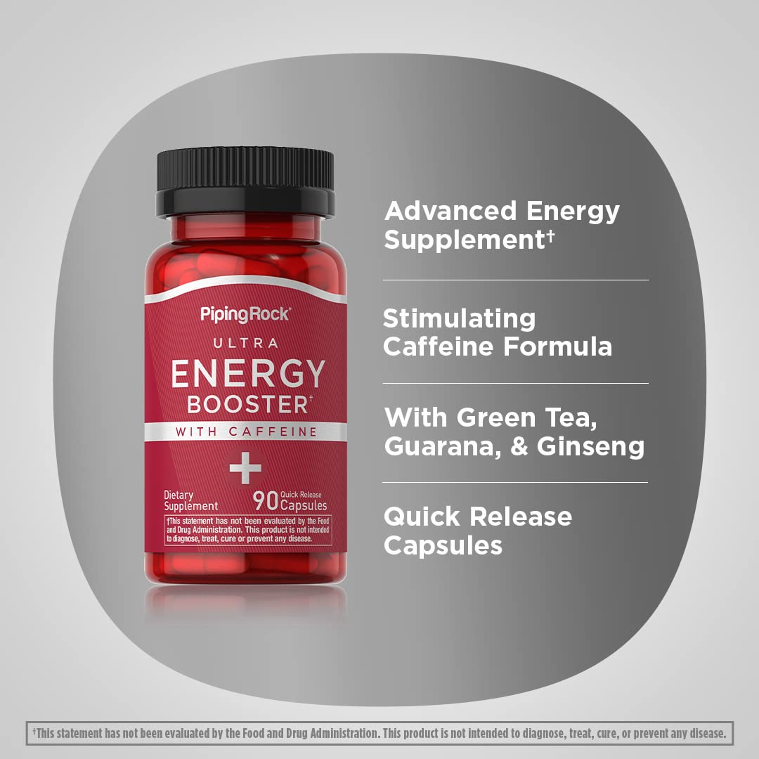 Piping Rock Energy Supplement with Caffeine | 90 Capsules | Quick Release Energy Booster Pills | Non-GMO, Gluten Free Formula