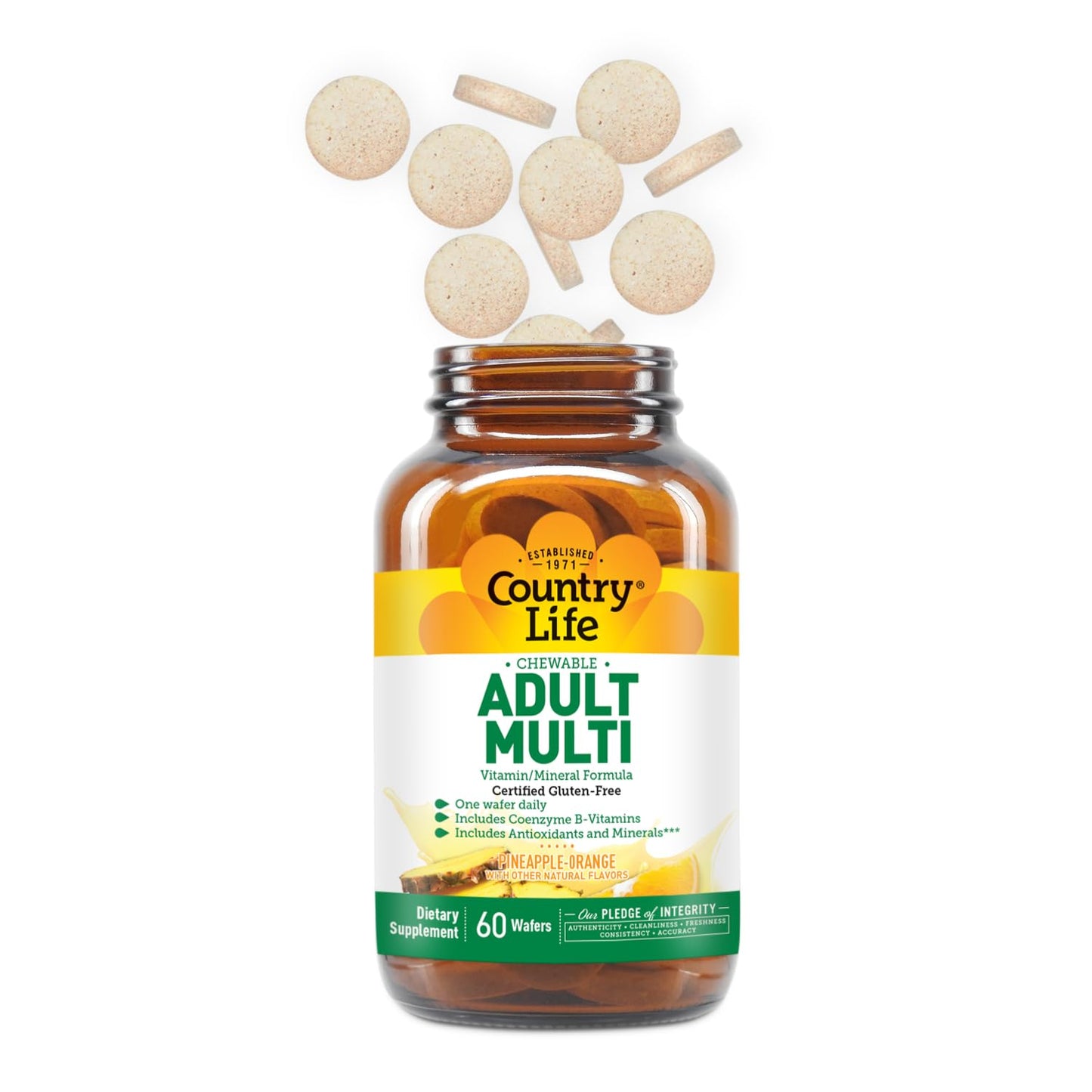 Country Life Adult Chewable Multivitamin with Coenzyme B-Vitamins, Antioxidants, Minerals, Pineapple-Orange Flavor - Supports Energy Metabolism and Immune Health, Gluten Free - 60 Wafers