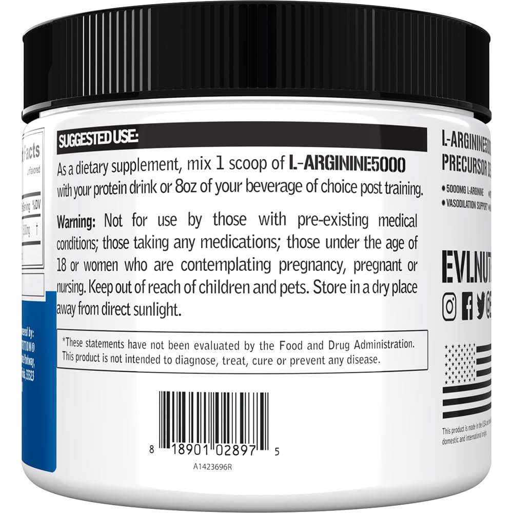 Evlution Nutrition Nitric Oxide Booster L-Arginine Supplement - High Potency Nitric Oxide Supplement with 5000mg of L Arginine for Enhanced Pumps Energy Muscle Growth and Vascularity NO Booster