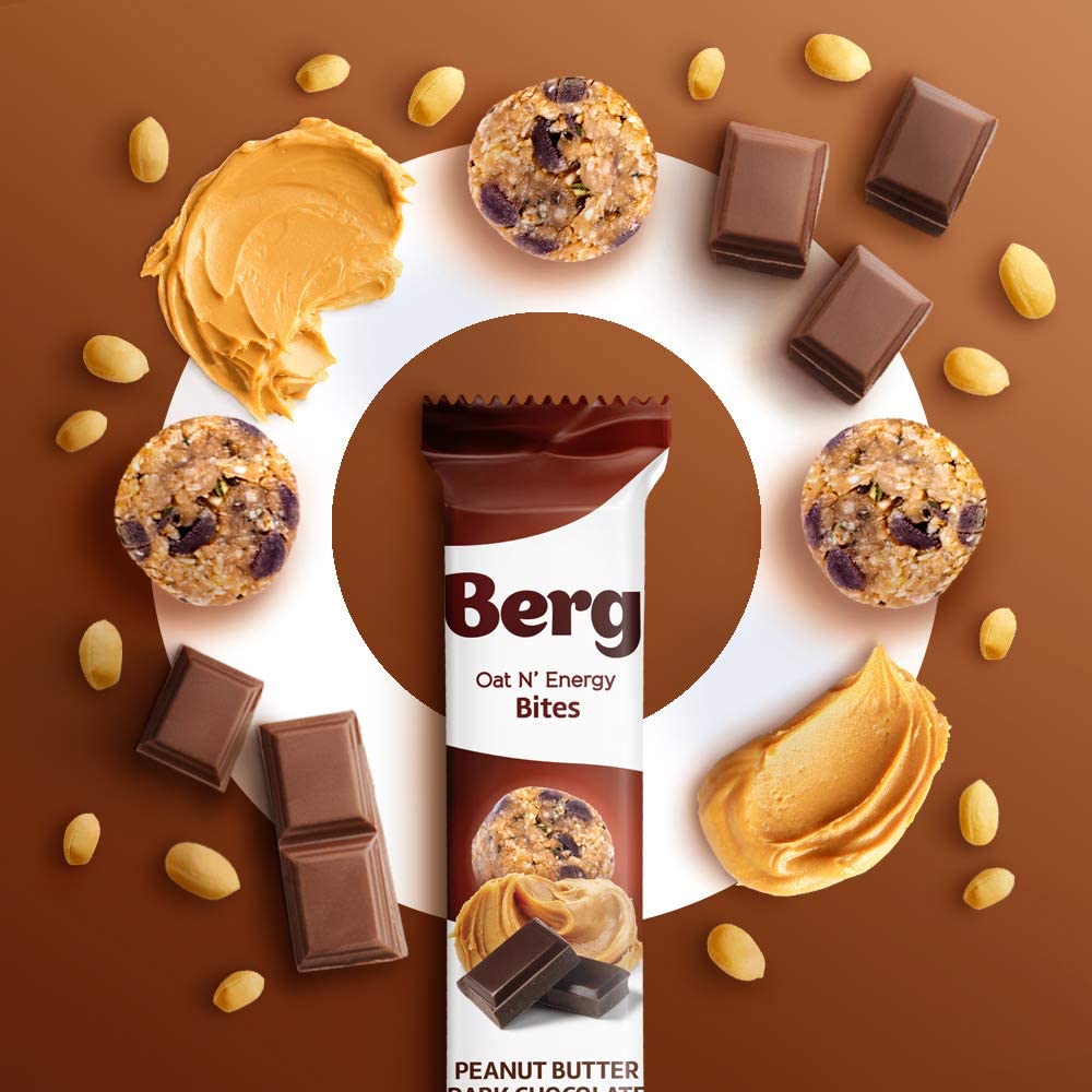 Berg Oat N' Energy Bites - Peanut Butter & Dark Chocolate - Non-GMO, Gluten Free, Dairy Free, Soy Free and Vegan - Clean Energy Snack - 1.5oz, (8 Pack)