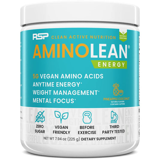 RSP NUTRITION AminoLean Natural Pre Workout Powder, Sucralose Free Amino Energy with No Artificial Dyes, Vegan BCAAs and Weight Management, Pineapple Coconut, 25 Serv