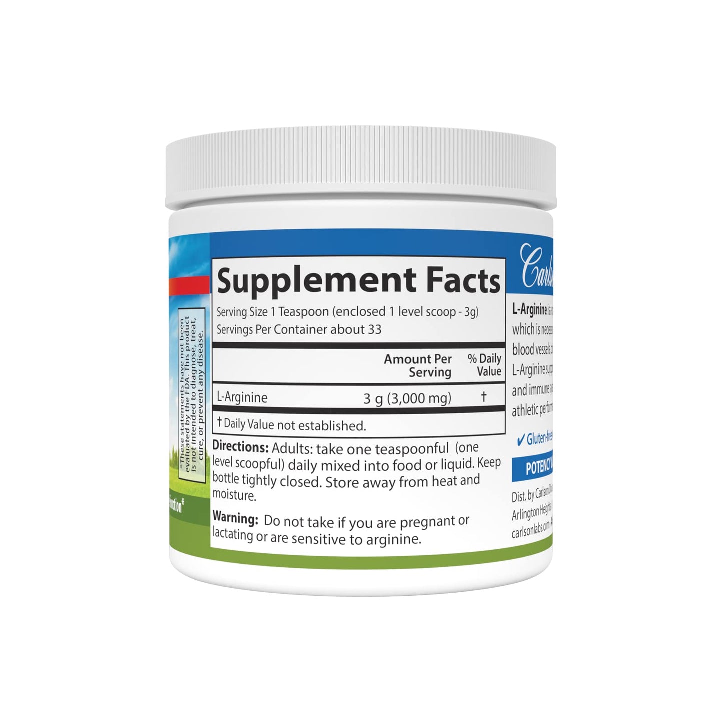 Carlson - L-Arginine Powder, Free-Form Amino Acid, Circulatory Health, 3.53 oz (100 g)