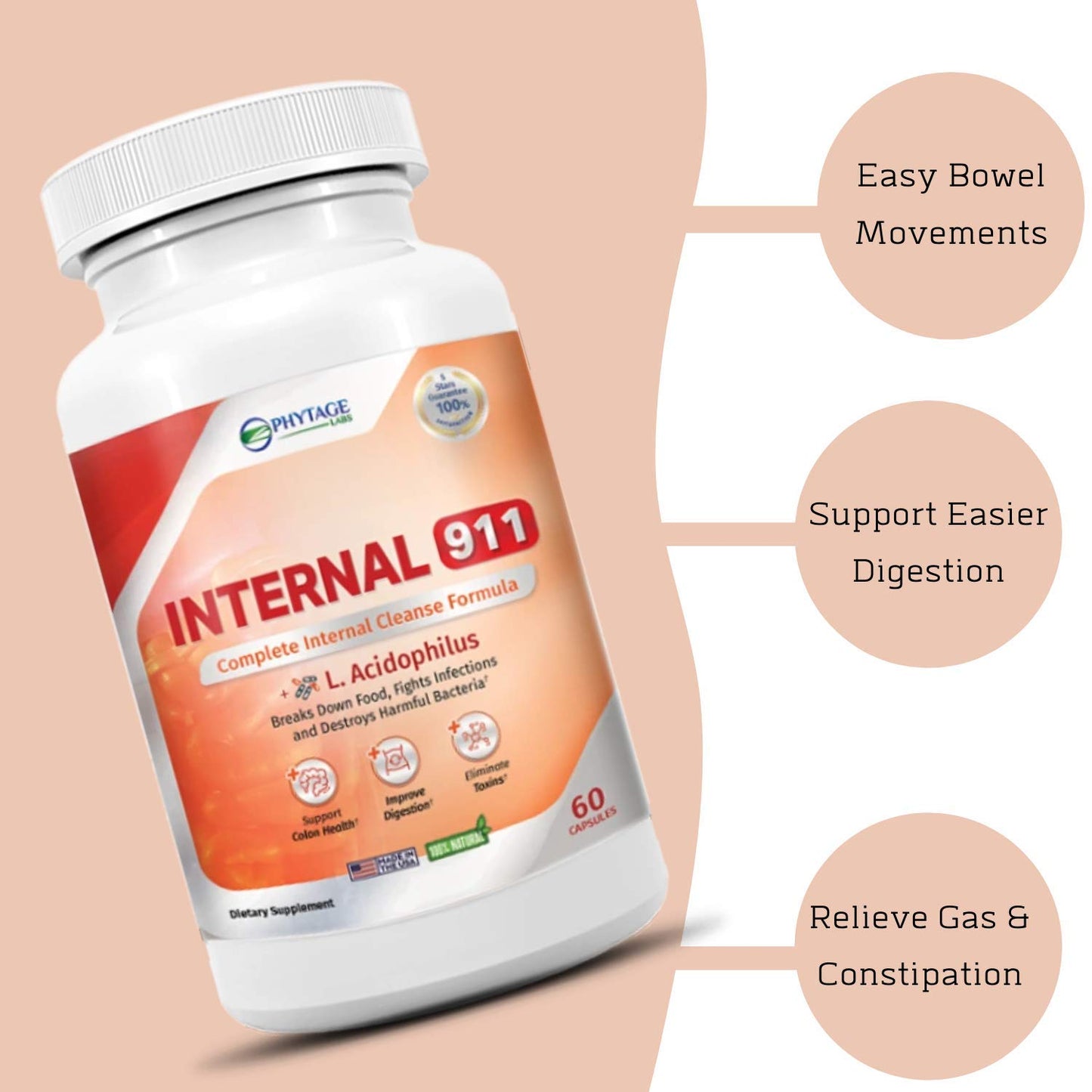 Phytage Labs Internal 911 Colon Cleanse Detox Supplement - Natural Laxative Cleanser Removes Toxins for Better Digestion and Radiant Skin - 60 Capsules