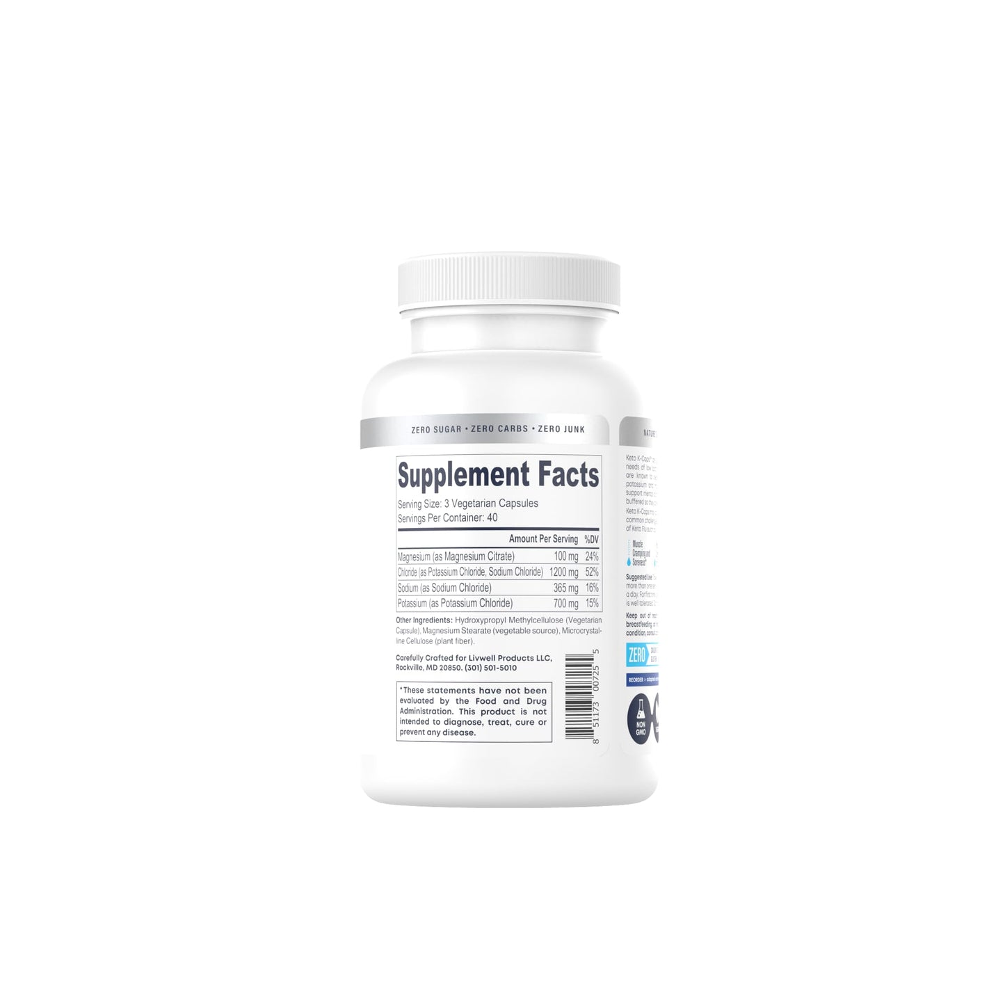 Keto K-Caps Electrolyte Capsules | Keto Approved Electrolyte Supplement | Hydrate Fast & Beat Leg Cramps | 700mg Potassium, Sodium, Magnesium | No Maltodextrin | 120 Caps