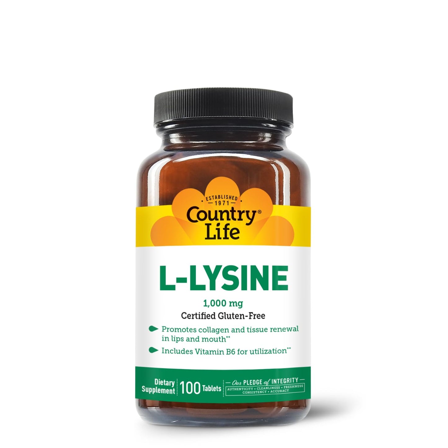 Country Life L-Lysine 1000mg with Vitamin B6-100 Tablets - Promotes Collagen and Tissue Renewal - Aids Utilization - Gluten-Free…