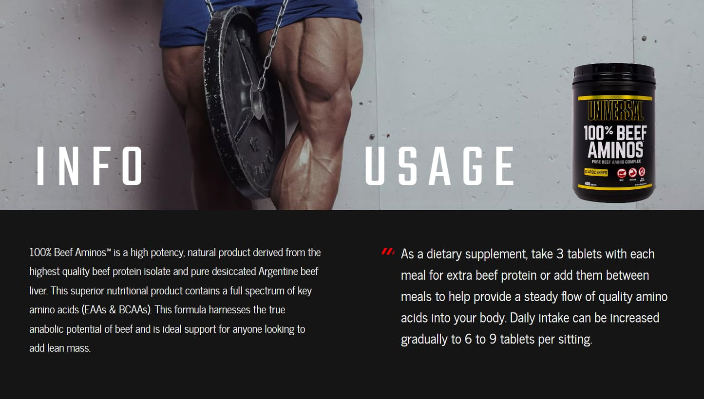 Universal 100% Beef Aminos Tablets | Pure Beef Amino Complex | Full Spectrum EAAs, BCAAs & Protein from Beef Protein Isolate & Pure Desiccated Argentine Beef Liver | 66 Servings, 200 Tablets