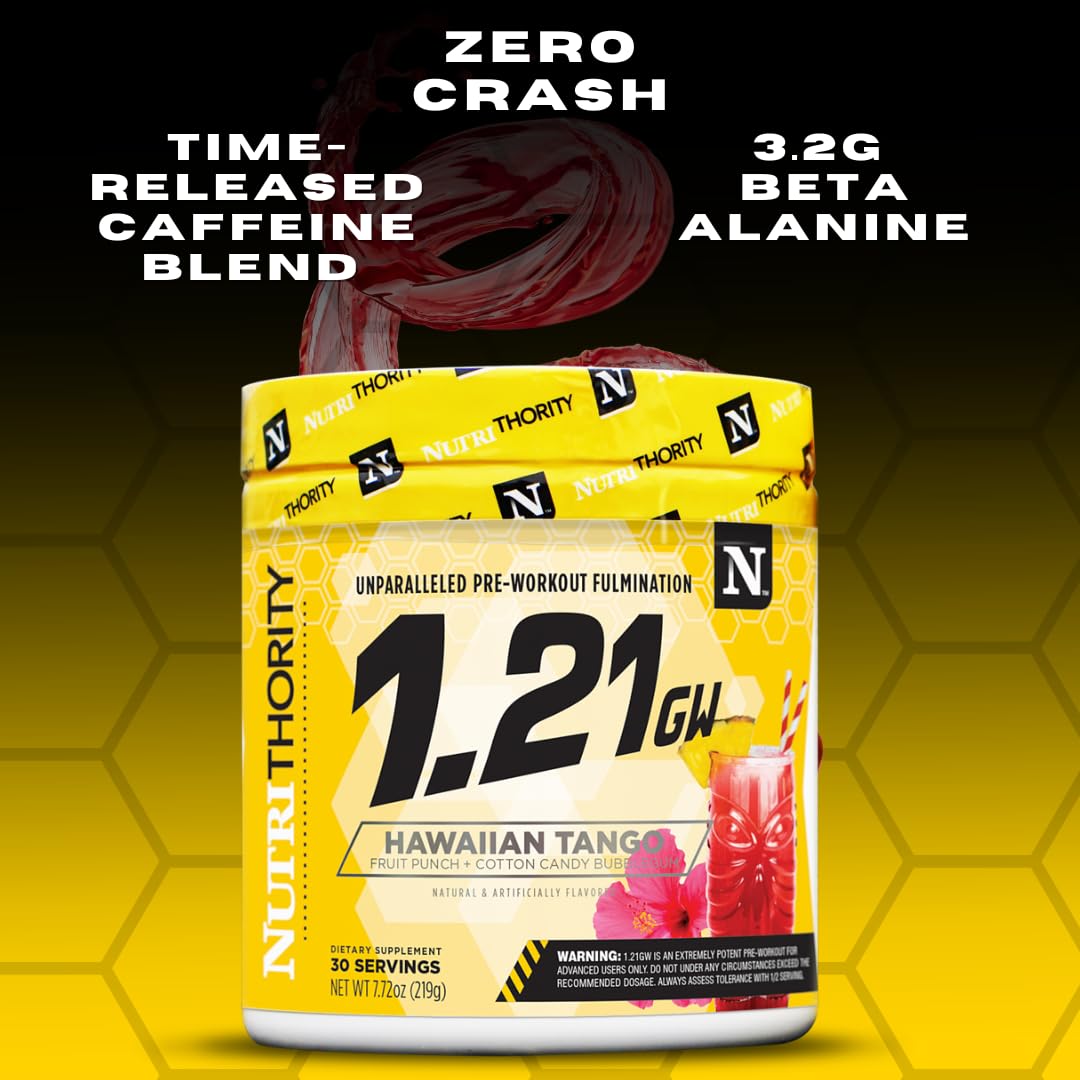 Nutrithority 1.21gw High Stim Pre-Workout, Hawaiian Tango - Strength Gains Powder Energy Supplement - Unparalleled Pumps, Focus, & Drive - Intense Blend of Time Released Caffeine