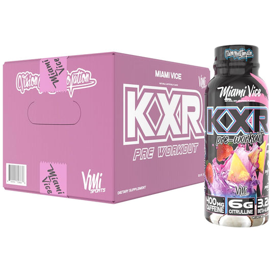 VMI Sports KXR High Stimulant Pre-Workout Energy Ready to Drink 400mg Caffeine, 6g Citrulline, 3.2g Beta-Alanine | Delicious - Convenient - Powerful | 12.5 oz Bottles (Miami Vice, 12 Bottles)