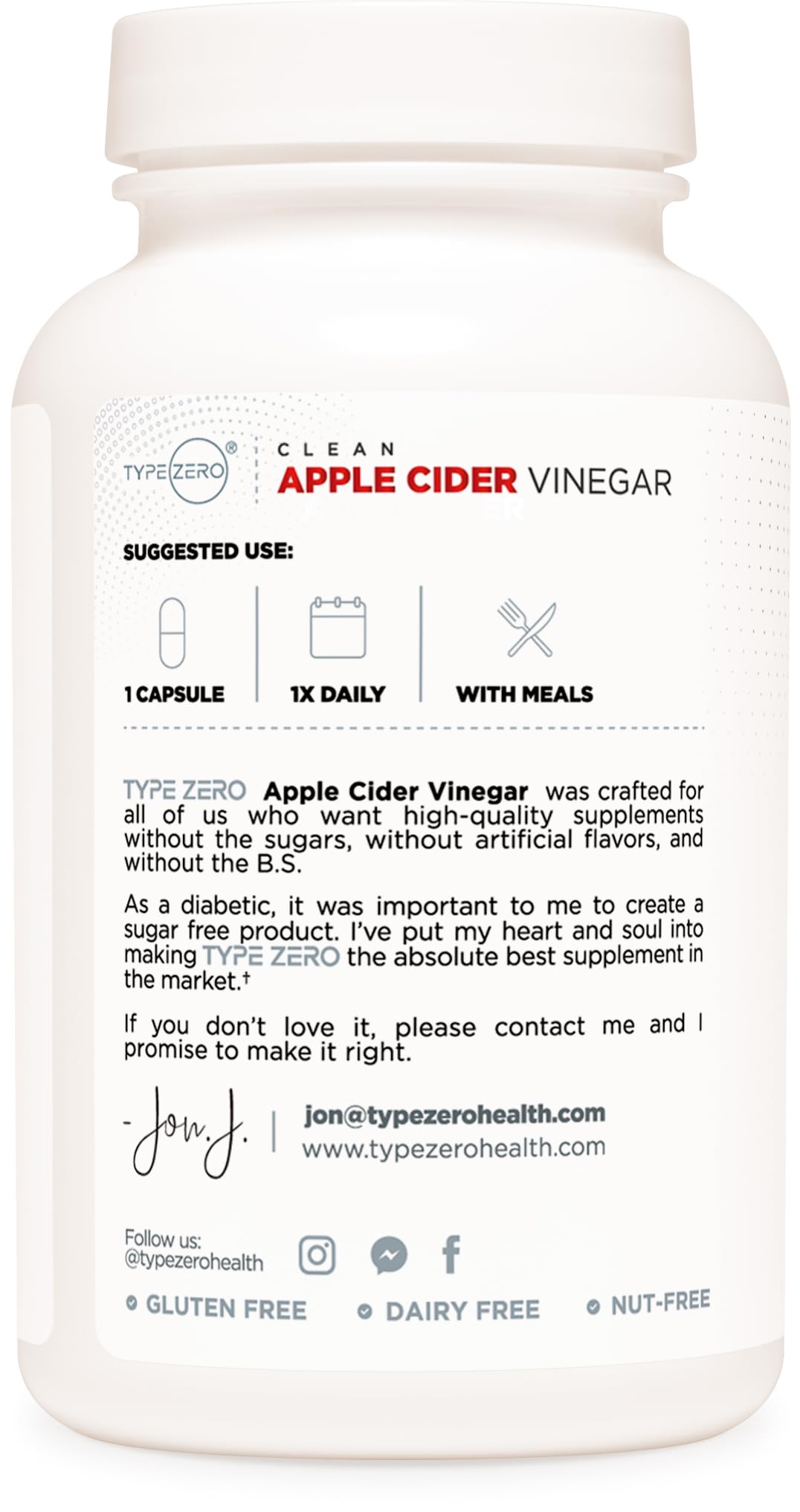 Type Zero Apple Cider Vinegar Capsules (180 Count) 500mg Per Serving - Non-GMO, Gluten-Free Supplement