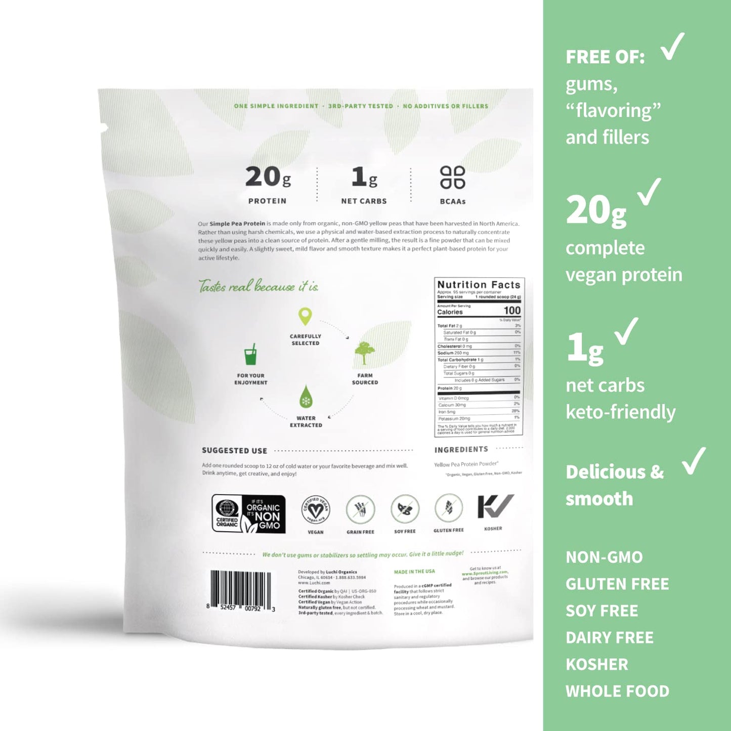 Sprout Living Organic Pea Protein Powder, 20 Grams of Plant Based Organic Protein Powder Without Artificial Sweeteners, Non Dairy, Non-GMO, Dairy Free, Vegan, Gluten Free, Keto Drink Mix (5 Pound)