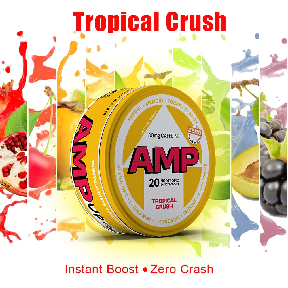Energy Pouches Tropical Crush 20 Pouches per Can 5 Packs - 80mg Caffeine & Nootropic Blend - Zero Sugar, Nicotine-Free - Enhances Focus, Memory & Performance