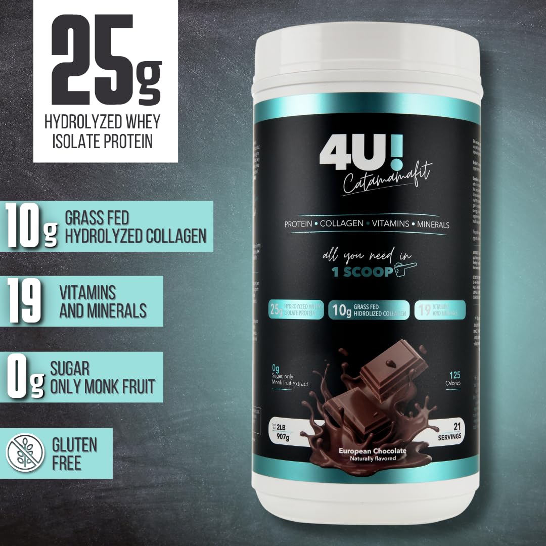 Catamamafit 4U! Chocolate Protein Powder, 25g Hydrolyzed Whey Isolate, 10g Hydrolyzed Collagen, 19 Vitamins & Minerals, No Sugar, Gluten Free, 2 lbs (907g)