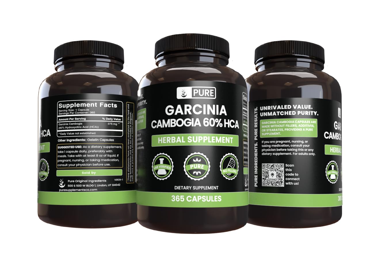 PURE ORIGINAL INGREDIENTS Garcinia Cambogia, No Magnesium or Rice Fillers, Always Pure, Lab Verified (365 Count)