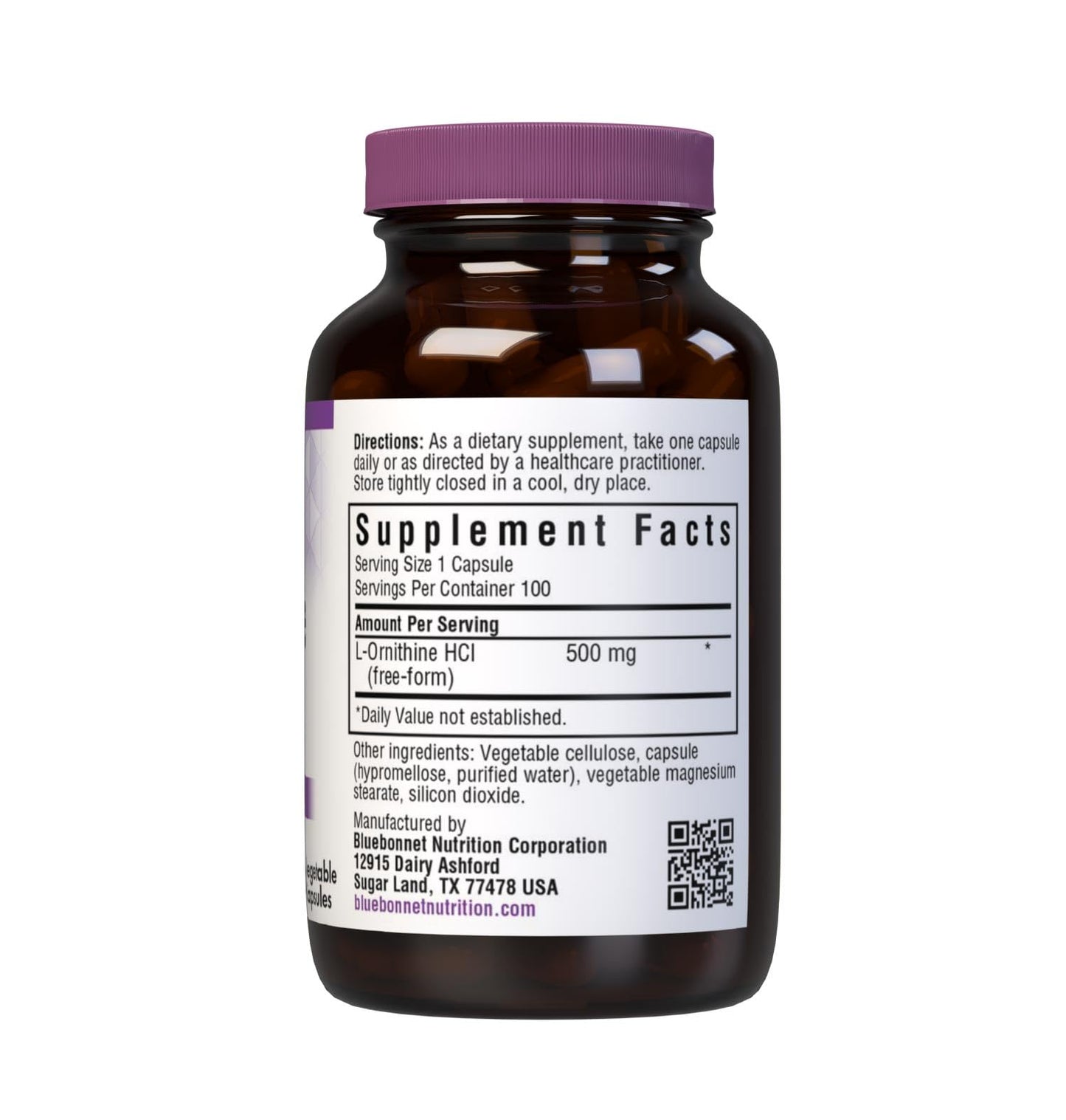 Bluebonnet Nutrition L-Ornithine 500mg, Free-Form Amino Acid, for Healthy Protein Metabolism*, Soy-Free, Gluten-Free, Non-GMO, Kosher Certified, Vegan, 100 Vegetable Capsules, 100 Servings