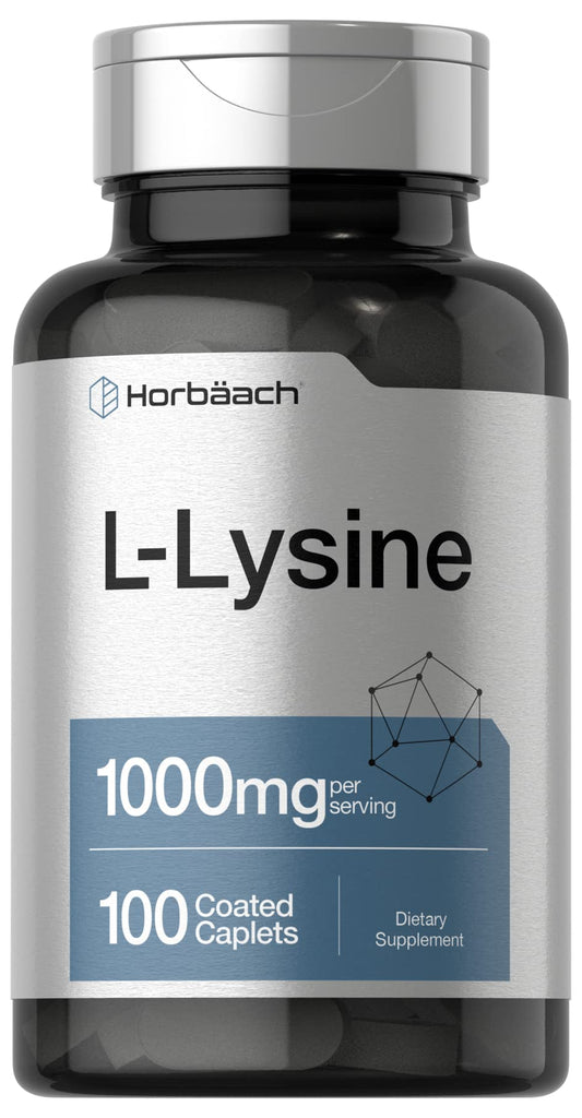 Horbäach L-Lysine 1000mg | 100 Coated Caplets | Free Form Dietary Supplement | Essential Amino Acid | Vegetarian, Non-GMO, and Gluten Free Formula