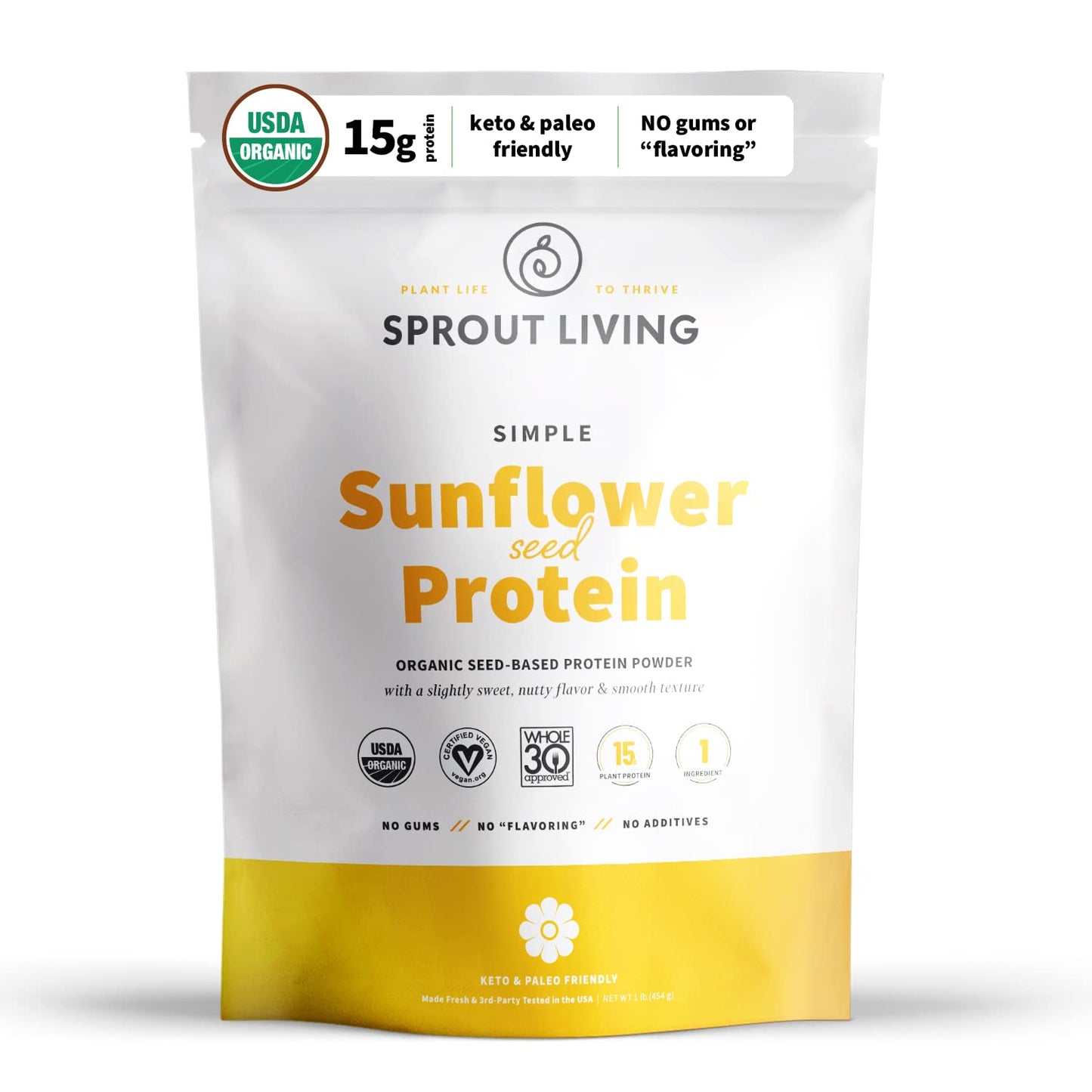 Sprout Living Simple Sunflower Seed Protein Powder, 15 Grams Organic Plant Based Protein Powder Without Artificial Sweeteners, Non Dairy, Non-GMO, Vegan, Gluten Free, Keto Drink Mix (1 Pound)