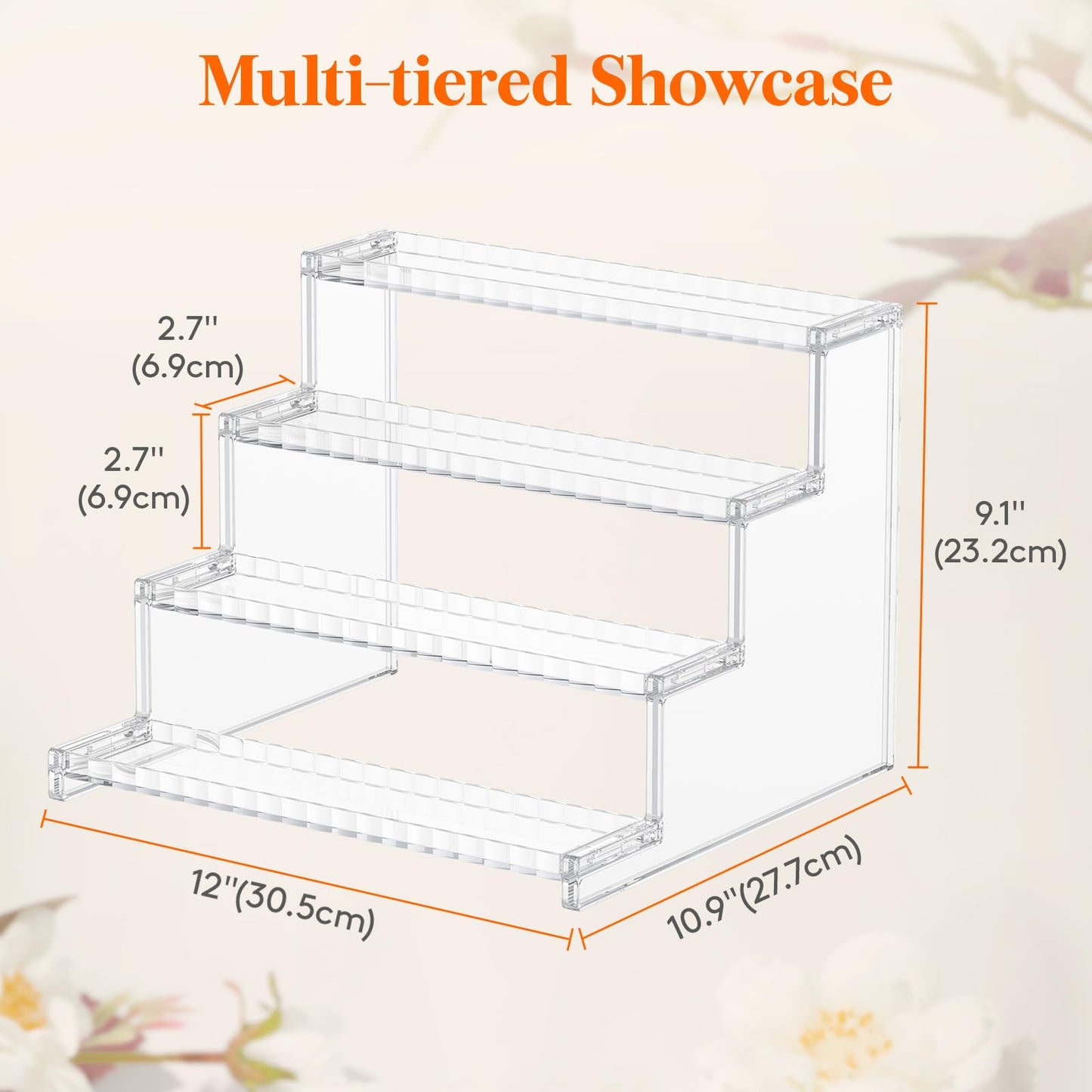 Lifewit 4 Tier Clear Display Risers Stand with Decorative Fences, Plastic 12 Inch Perfume Organizer, Display for Figures, Cupcake, Dessert, Desktop Stand for Organization and Decor, 1 pack