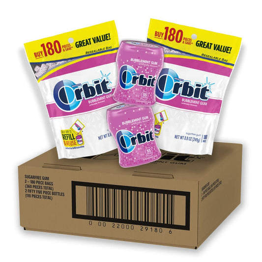 ORBIT Bubblemint Sugar Free Chewing Gum Bulk Pack 2 Pack  180 Piece Bag  2 Pack  55 Piece Bottle