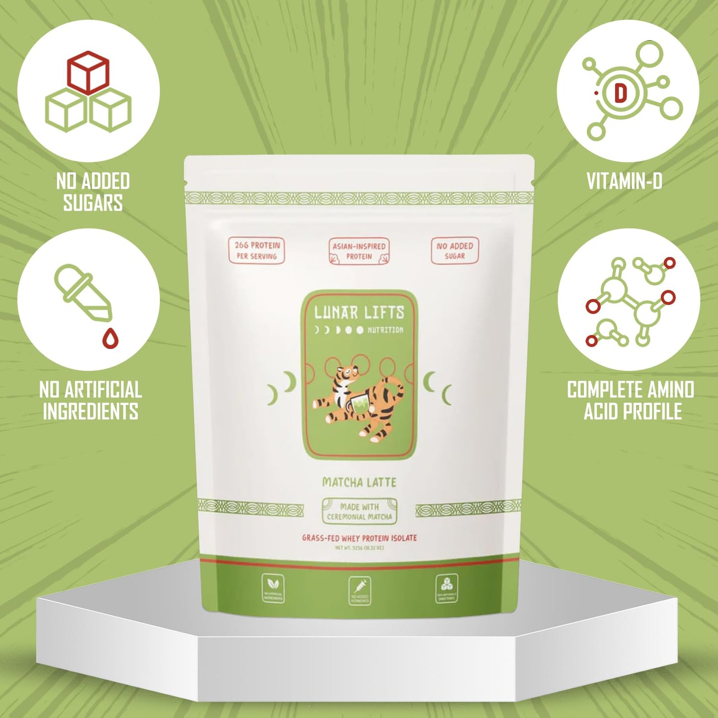 Lunar Lifts Nutrition Matcha Latte - Boba Tea Protein Powder | 26g Whey Protein Isolate Matcha Powder | Ceremonial-Grade Matcha Bubble Tea Protein Powder | No Added Sugar & Artificial Ingredients