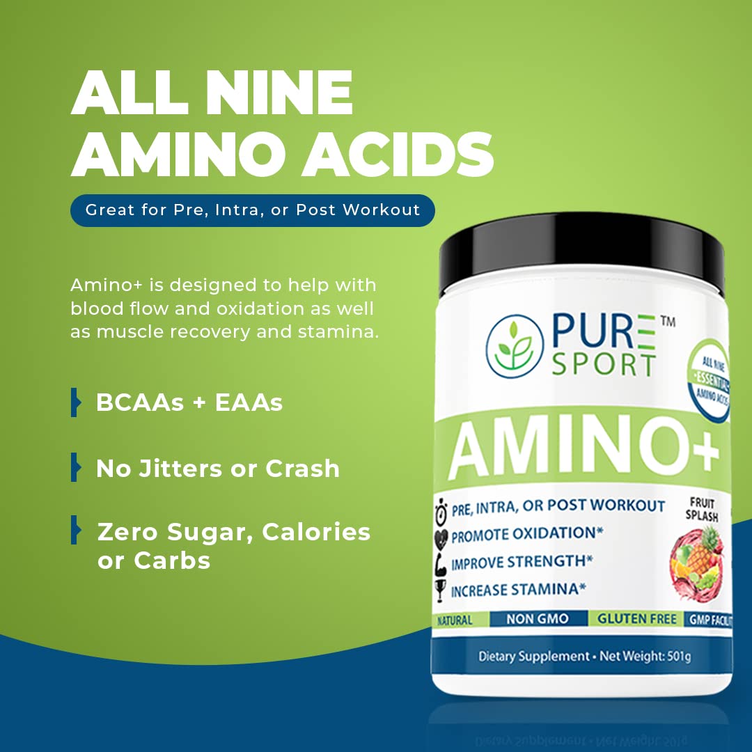 PURE® Amino+ Supports Active Lifestyles and Workout Performance. All 9 Essential Amino Acids & Arginine + Citrulline (501g, 30 Servings 1 Month Supply!) Fruit Splash Flavor!