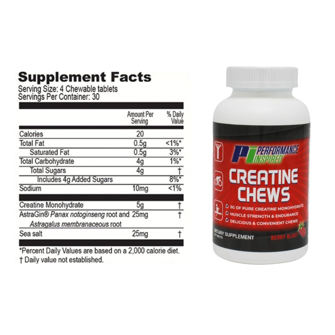 PERFORMANCE INSPIRED Nutrition Creatine Chew - 5g Creatine Monohydrate - Supports Muscle Growth & Recovery - Berry Blast Flavor - 120 Count