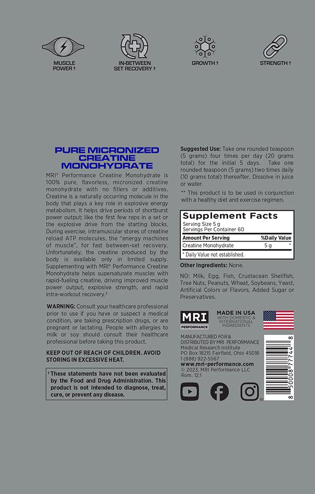 MRI Performance Creatine Monohydrate Powder 5g,100% Pure Micronized Creatine Supplement, Muscle Growth & Recovery, Build Muscle, Increase Strength, Performance, Endurance, 300g, 60 Serv, Unflavored
