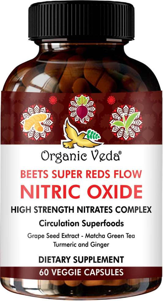 Organic Veda Beet Root Grape Seed & Red Spinach Nitric Oxide Capsules - Concentrated Beets Nitrates Supplements with Circulation Booster Green Tea Extract, Turmeric, Pomegranate - 60 Vegan Pills