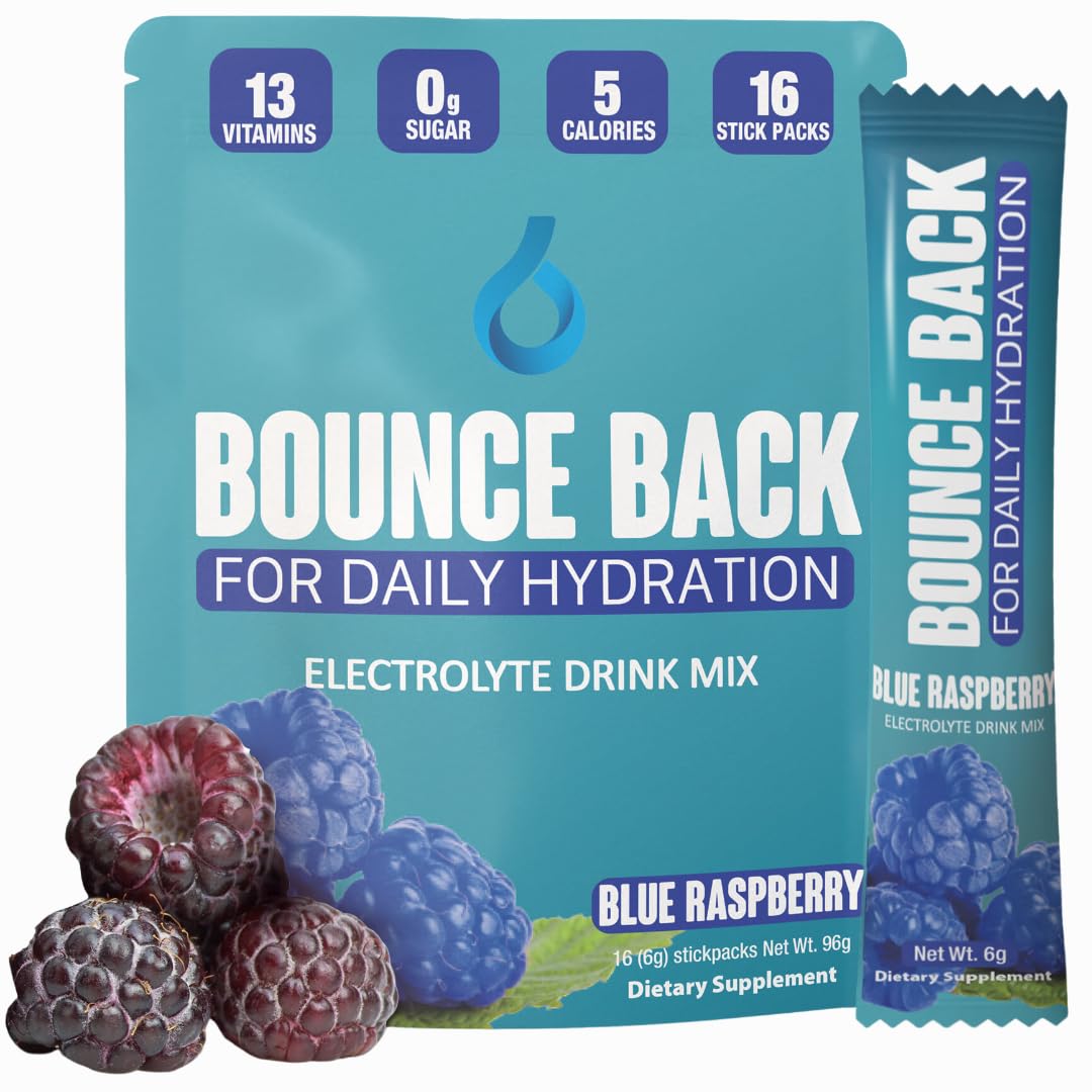 Bounce Back Daily Hydration - 13 Essential Vitamins, Zero Sugar Electrolyte Packets - 5 Calories, Organic - Keto Friendly | 0 Net Carbs (16 Pack, Blue Raspberry)