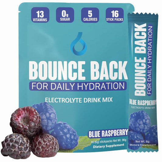 Bounce Back Daily Hydration - 13 Essential Vitamins, Zero Sugar Electrolyte Packets - 5 Calories, Organic - Keto Friendly | 0 Net Carbs (16 Pack, Blue Raspberry)