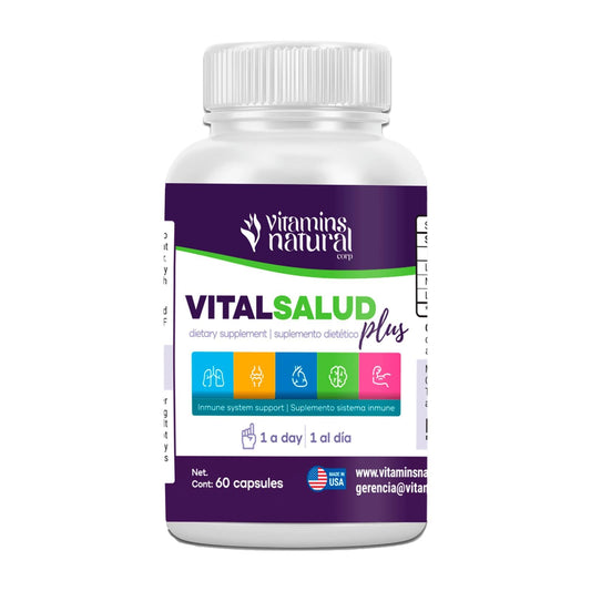 Vitamins Natural - Vital Salud Plus - Organic Immune System Support Supplement with Nopal Cactus, L-Carnitine Base - Supports Bone Health, Reduces Varicose Veins, Improve Skin Appearance (60 Capsules)